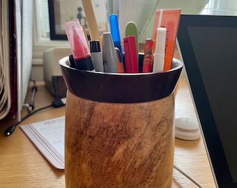 Maple Pencil Holder - medium (4" diam) spalted maple container with Redheart rim