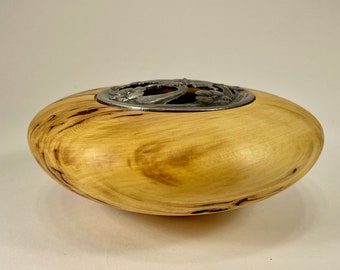 Yellow Cedar Burl Potpourri Vessel - Cedar burl wood vessel with pewter finish butterfly cover