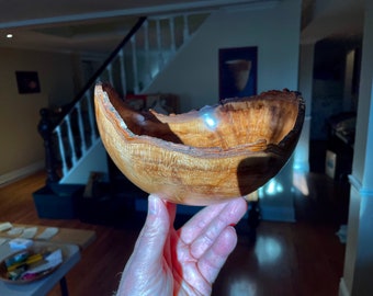 Live Edge Spherical Maple  Burl Bowl - exquisite (7.5" diam x 4.5") live edge maple burl bowl