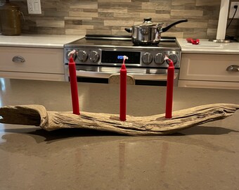 Driftwood Candle Holder: rustic curved candle holder for three standard red 4" candles