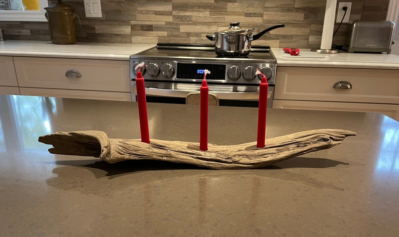 Driftwood Candle Holder: rustic curved candle holder for three standard red 4 candles image 1