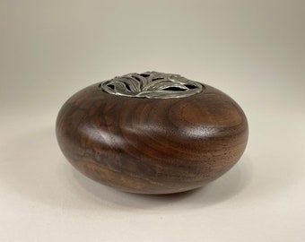 Walnut Potpourri Vessel - Walnut wood vessel with pewter finish tulip cover