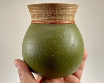 Elm Vase - medium (4.5" diam) decorative rustic vase with olive green milk paint