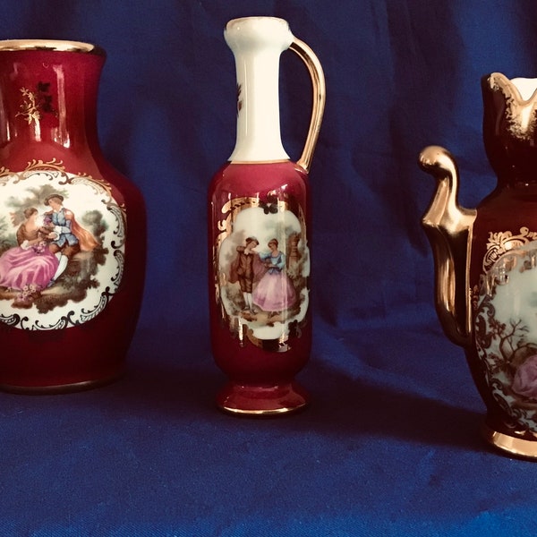 Vintage Limoges Fragonard Three Vases. Burgundy Colour. Collectible. Ideal Gift. No chips or cracks.