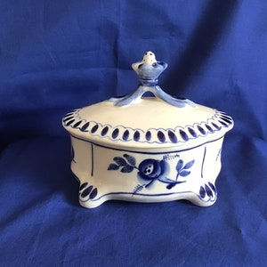 Vintage Gzhel Porcelain Lidded Dish. Made in USSR Era. Rich Blue & White Glaze. Collectible.