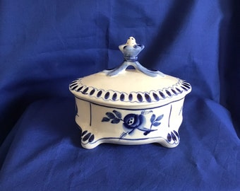 Vintage Gzhel Porcelain Lidded Dish. Made in USSR Era. Rich Blue & White Glaze. Collectible.