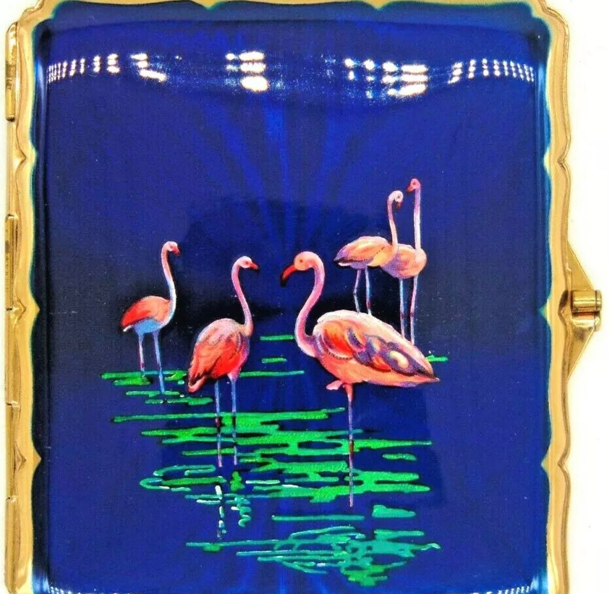 Vintage Mid Century Ladies Stratton Cigarette/ Card Case. Cobalt Blue.  Flamingos Wading in the Water. Original Black Pouchette