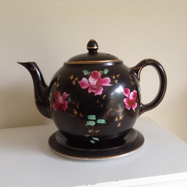 Vintage Black Rose and Leaf  Teapot. Ceramic Hand Painted. Era 1930's.