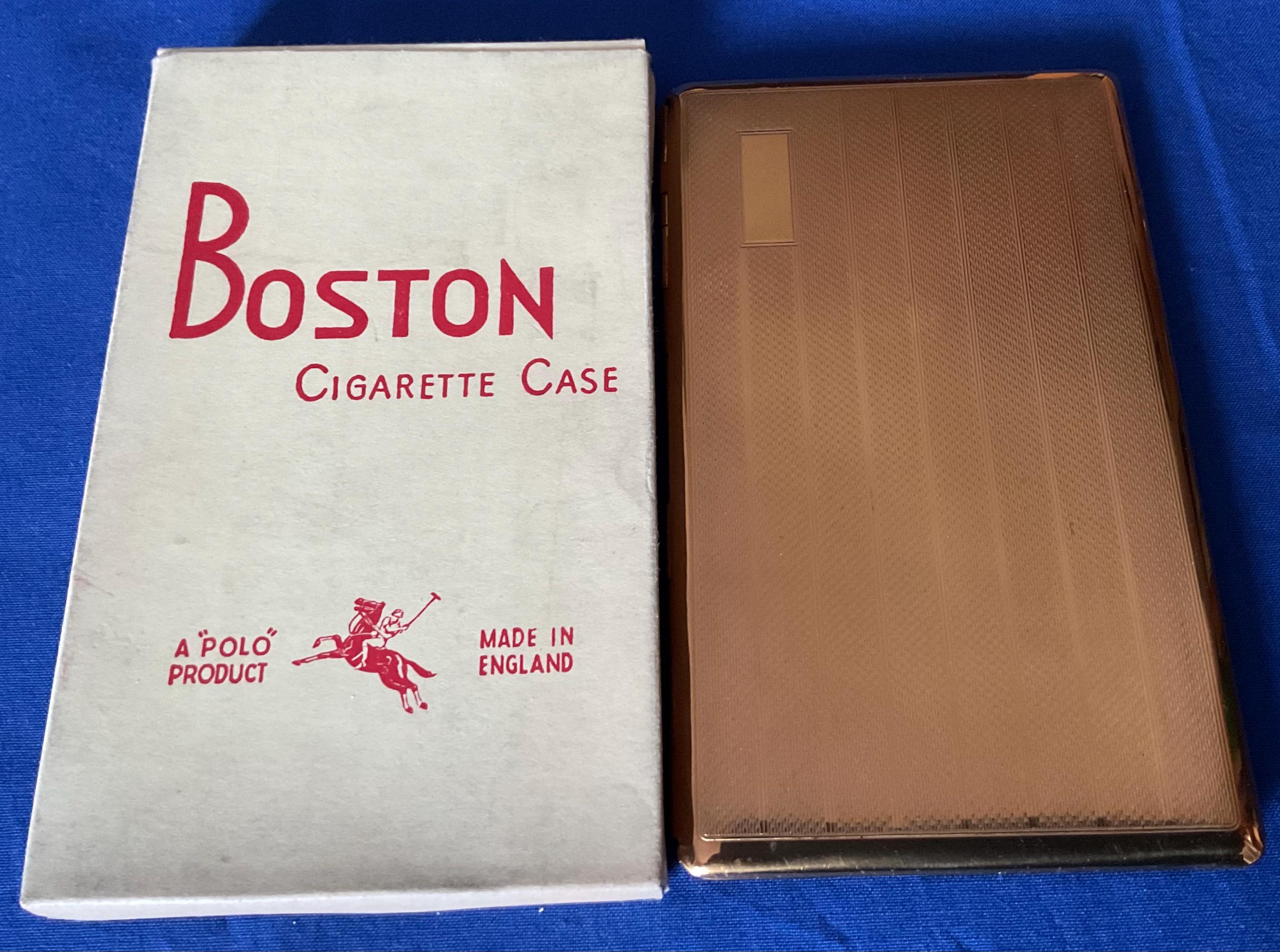 Boston Brown Cigarette Case. Made in England. A Polo Product. Original Box. Cartouche. Era 1940's