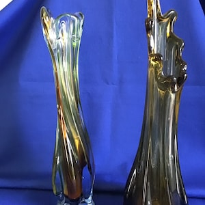 Pair of heavy glass vases 9.5 inches. Amber/Brown.