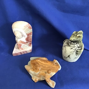 Three Hand Carved Figures. Indian Chief/Dinosaur/Frog. Collectible. Vintage Gift.