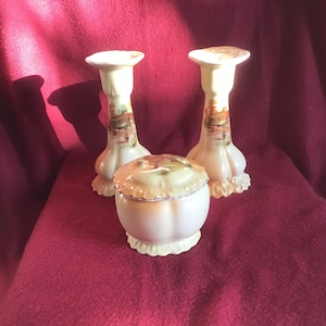 Lovely Victoria China Czechoslovakian Dressing Table Set. Candlesticks. Trinket Box. Vintage. Collectible.