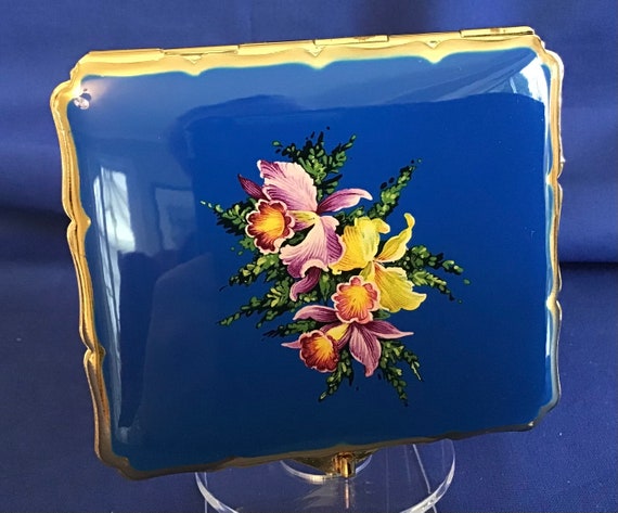 vintage stratton cigarette case Retro Stratton Cigarette/ Card Case. Featuring Stylish Floral Bouquet  Design on Gorgeous Blue Background. Era 1960's'