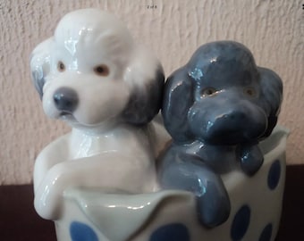 Nao Lladro Pair of Playful Puppies in Basket.  Nao First Quality back Stamp.UNBOXED