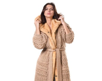 Knitted Coat/Faux Fur Hoodie Coat/Long Alpaca Cape Jacket/Women's Chunky Cardigan/Knitted Wool Manto./Women's Parka/Chunky Knit Sweater Top