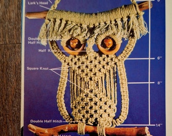 VINTAGE 70s Macrame Owl Pattern DIY Wall Hanging or Nursery Decor - Instant Download PDF 1970s Owl named Nellie - 2 Files Directions & Knots