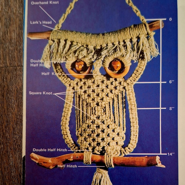 VINTAGE 70s Macrame Owl Pattern DIY Wall Hanging or Nursery Decor - Instant Download PDF 1970s Owl named Nellie - 2 Files Directions & Knots