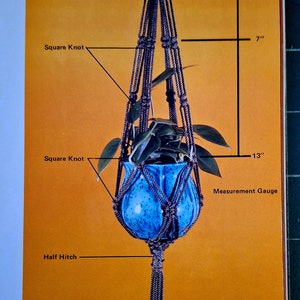Op de afbeelding: Een macramé plantenhanger met een blauwe keramische pot en een groene plant. De hanger is gemaakt van bruin koord en heeft een kwast aan de onderkant. De hanger is 81 cm lang en heeft een meetlat van 33 cm.
