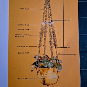 Op de afbeelding: Een macramé plantenhanger met een bruine pot en een groene plant. De hanger is gemaakt van natuurlijke touw en heeft een totale lengte van 127 cm. De hanger is gelabeld met de verschillende knopen die gebruikt worden om hem te maken, waaronder de Chinese kroonknoop, de halve knoop, de knoopknoop, de vierkante knoop en de verticale dubbele halve steek.