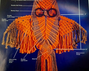 VINTAGE 70s Macrame Owl Pattern DIY Wall Hanging or Nursery Decor - Instant Download PDF 1970s Owl named Doc - 2 Files Directions & Knots