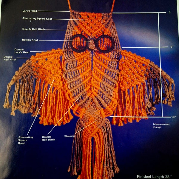 VINTAGE 70s Macrame Owl Pattern DIY Wall Hanging or Nursery Decor - Instant Download PDF 1970s Owl named Doc - 2 Files Directions & Knots