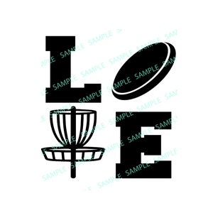 May include: Black and white graphic design of the word "LOVE" with a disc golf disc, basket, and a frisbee.