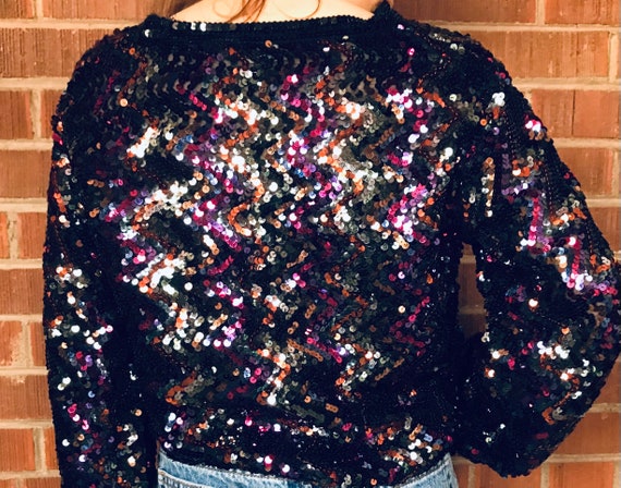 V Neck Sequin Long Sleeve Multi Coloured Sweater - image 4