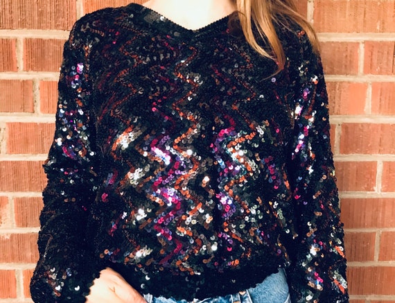 V Neck Sequin Long Sleeve Multi Coloured Sweater - image 2