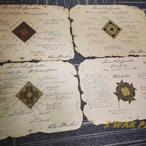 Könnte beinhalten: Vier gealterte Pergamentpapiere mit handschriftlichem Text und Diagrammen. Jedes Blatt zeigt ein zentrales geometrisches Design in Gold und Braun, mit Linien, die sich mit dem umgebenden Text verbinden. Die Papiere haben ein gealtertes Aussehen mit verbrannten Kanten.