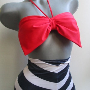 high waisted bow bikini bottom scrunch butt bikini bow top bandeau big bow navy white stripes retro style swimsuit vintage highwaist pin up