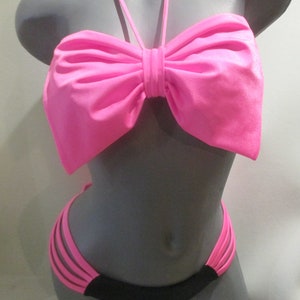 bow bikini bottom Neon pink bow bandeau top brazilian strappy bi-color neon color sexy swimsuit bathing suit pool straps thong bikini w/bows