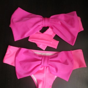 Neon pink bow bandeau and brazilian thong bow bikini swimsuit bicolor neon color bathing suit pool bikini bow thong big bows