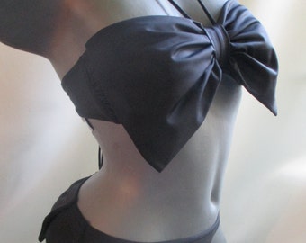 sexy black bow bandeau top with brazilian cheeky bikini bottom bow back knickers swimsuit 2 pieces bathing suit pool bikini big bow bottom