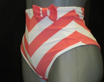 high leg high waist cheeky bikini bottom scrunched butt bikini bow swimsuit shevron stripes coral color bathing suit plus size swimwear sexy