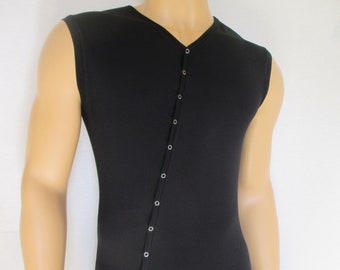 Mens Sleeveless Bodysuit: Men's fine Thermal Underwear asymmetrical buttoning fully opening  winter undergarment
