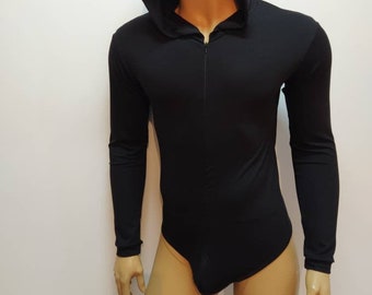 Double way zipper thong bodysuit T-Shirt long sleeve hooded union suit underwear thong bottom with long  sleeves, hood and zipper opening