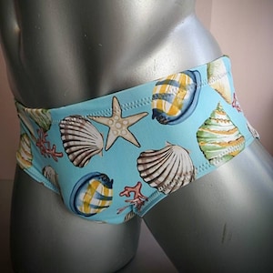 May include: Blue swim trunks with a seashell and starfish print.