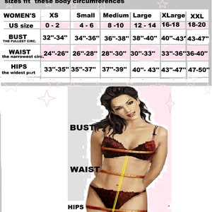 May include: A size chart for women's clothing with measurements for bust, waist, and hips in inches. The chart shows sizes from XS to XXL and corresponding measurements for each size.