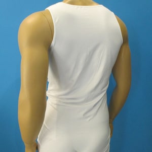 May include: White sleeveless bodysuit with a scoop neck.