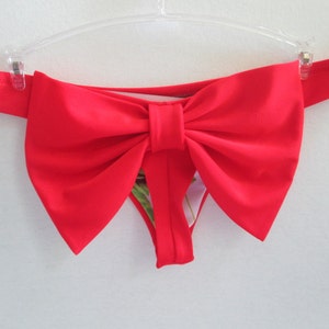 May include: Red bikini bottom with a large bow at the front.