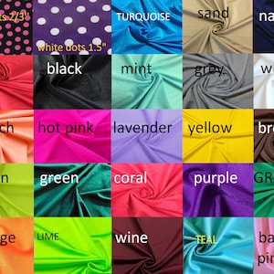 May include: Swatch card showing 25 different colors of fabric, including turquoise, sand, navy, red, black, mint, grey, white, peach, hot pink, lavender, yellow, brown, neon, green, coral, purple, grass, orange, lime, wine, teal, and baby pink.