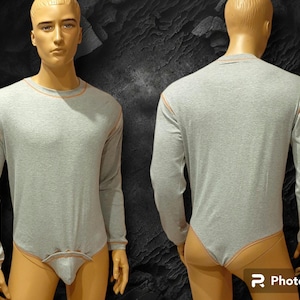 mens bodysuit T-shirt thong style long sleeves union suit fully opening thermal underwear one whole piece low waist string rear O-neck shirt