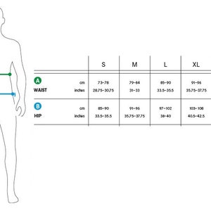 Op de afbeelding: Maattabel voor kleding met metingen in inches en centimeters. De tabel toont de taille- en heupmaten voor de maten S, M, L, XL en XXL.