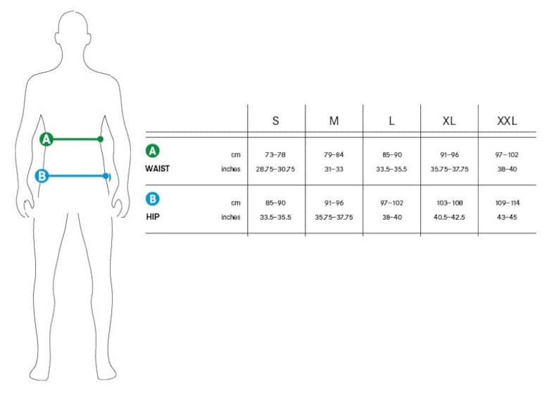 Op de afbeelding: Maattabel voor kleding met metingen in inches en centimeters. De tabel toont de taille- en heupmaten voor de maten S, M, L, XL en XXL.