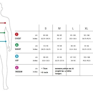 May include: Size chart for clothing with measurements in inches and centimeters. The chart shows measurements for chest, waist, hip, and inseam for sizes S, M, L, XL, and XXL.