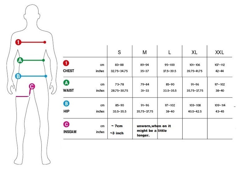 May include: Size chart for clothing with measurements in inches and centimeters. The chart shows measurements for chest, waist, hip, and inseam for sizes S, M, L, XL, and XXL.