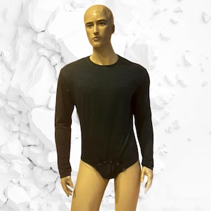 mens bodysuit T-shirt thong style long sleeves union suit fully opening thermal underwear one whole piece low waist string rear O-neck shirt