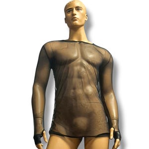See through Mesh Top Transparent T-shirt Tulle Net Long Sleeve O-neck with Thumbs