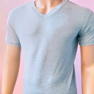 Op de afbeelding: Een grijs V-hals T-shirt met korte mouwen.
