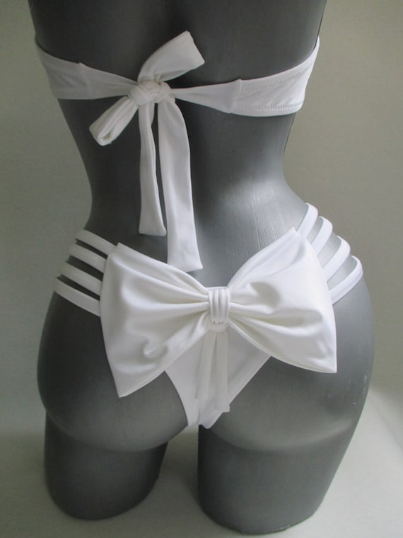 Sexy White Wedding Strappy Bikini Bow Bandeau Top and Thong Style Brazilian  Bow Bikini Bottom Swimsuit Cheeky Bathing Suit String Bondage - Etsy